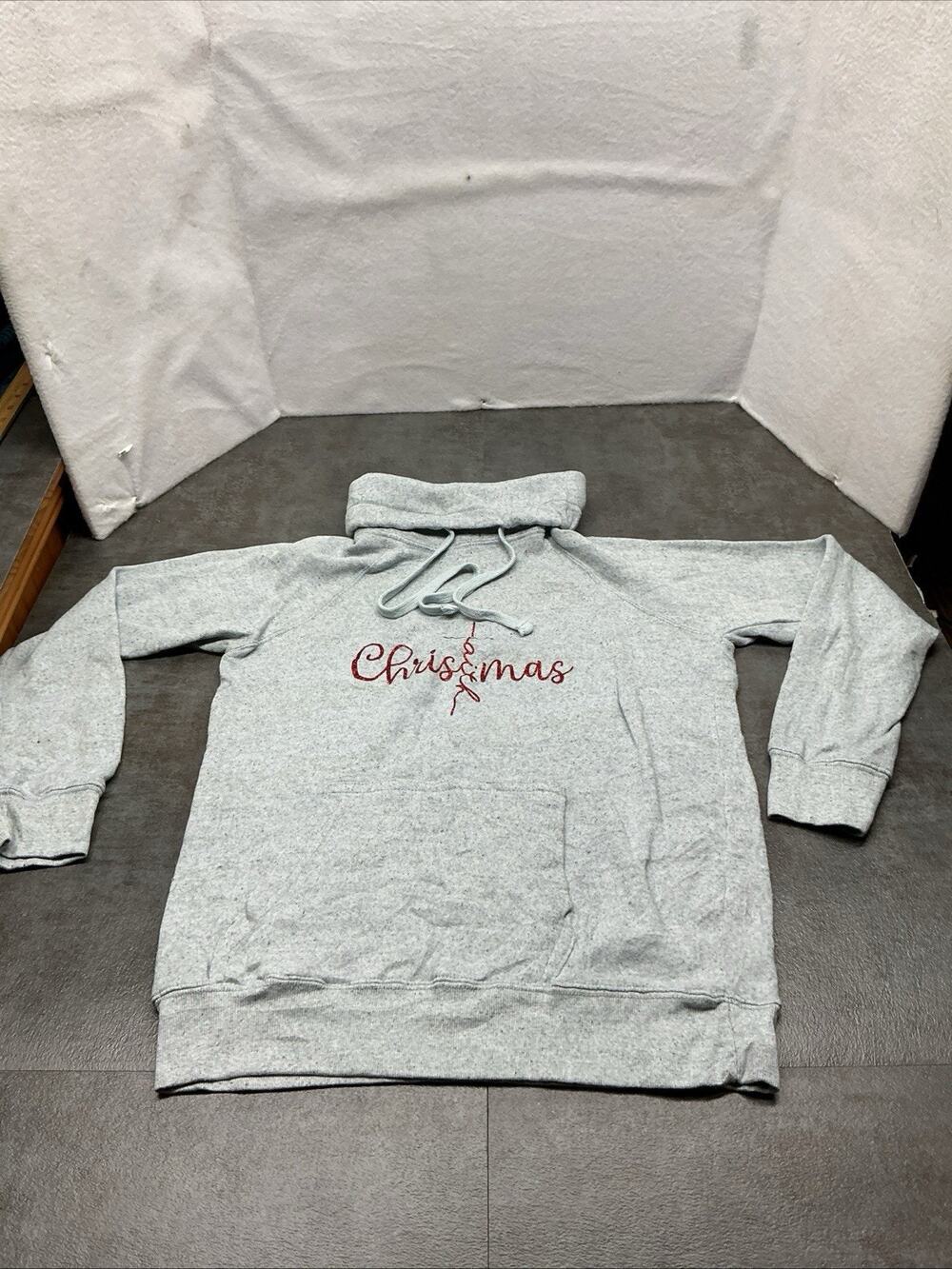MV Sport Christmas Faith Women’s Grey Fleece Cowl Neck Sweatshirt Sz L, 4493